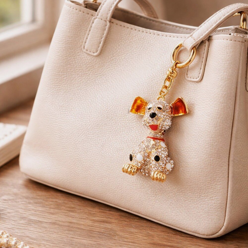 Luxury Rhinestone Dog Keychain & Bag Charm Gold Crystal Puppy 🐶 - Picture 3 of 8